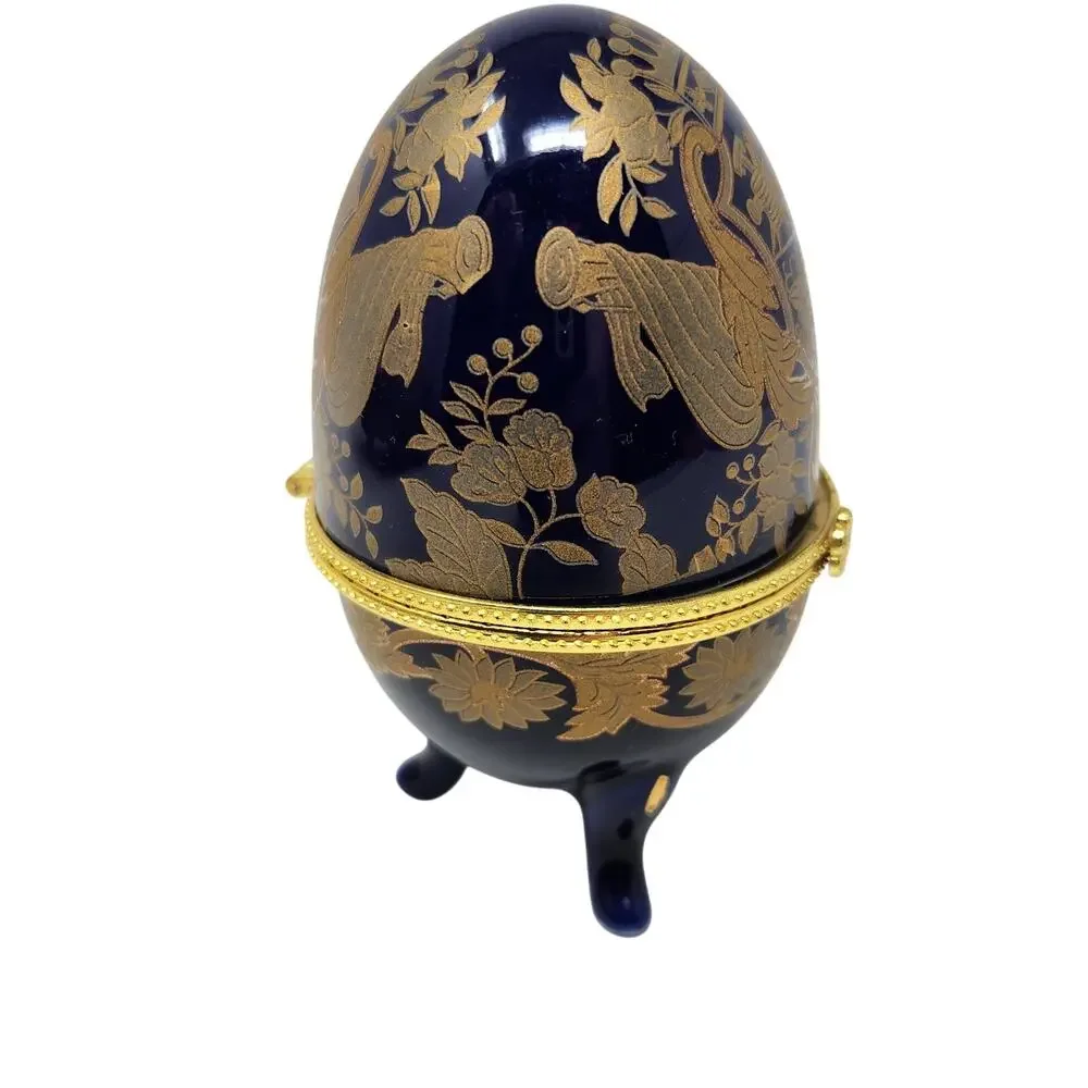 Vintage Cobalt Blue Gold Porcelain Decorative Trinket Faberge Egg Jewelry Box